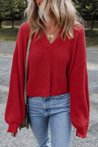 Racing Red Solid Textured Knit V Neck Drop Shoulder Sweater