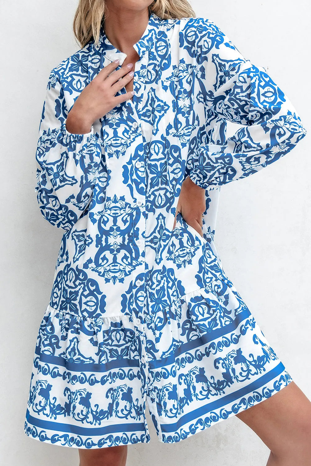 Sky Blue Tribal Print Button Up Notch Neck Loose Mini Dress - Chic Meadow Boutique 