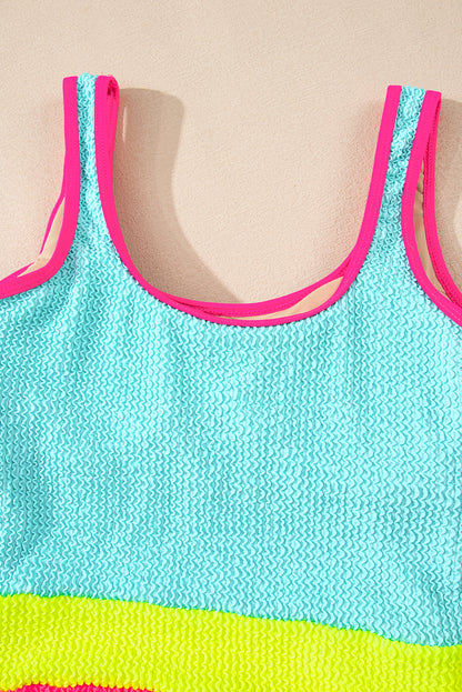 Iceland Blue Textured Color Block Patchwork One Piece Swimsuit