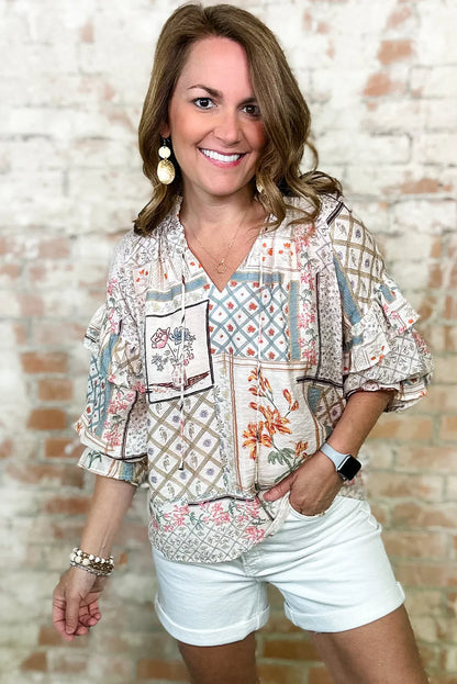 Multicolour Boho Floral Patched Ruffled Sleeve Tied Neck Blouse - Chic Meadow Boutique 