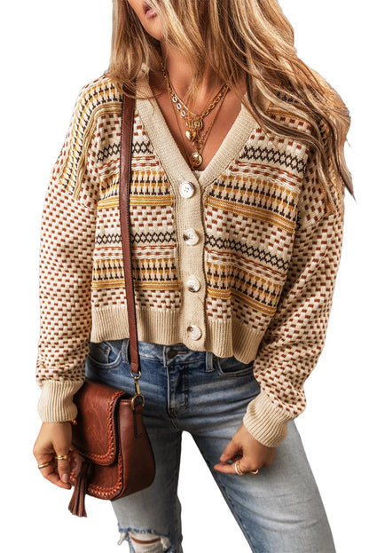 Khaki Buttoned V Neck Cropped Cardigan - Chic Meadow Boutique 