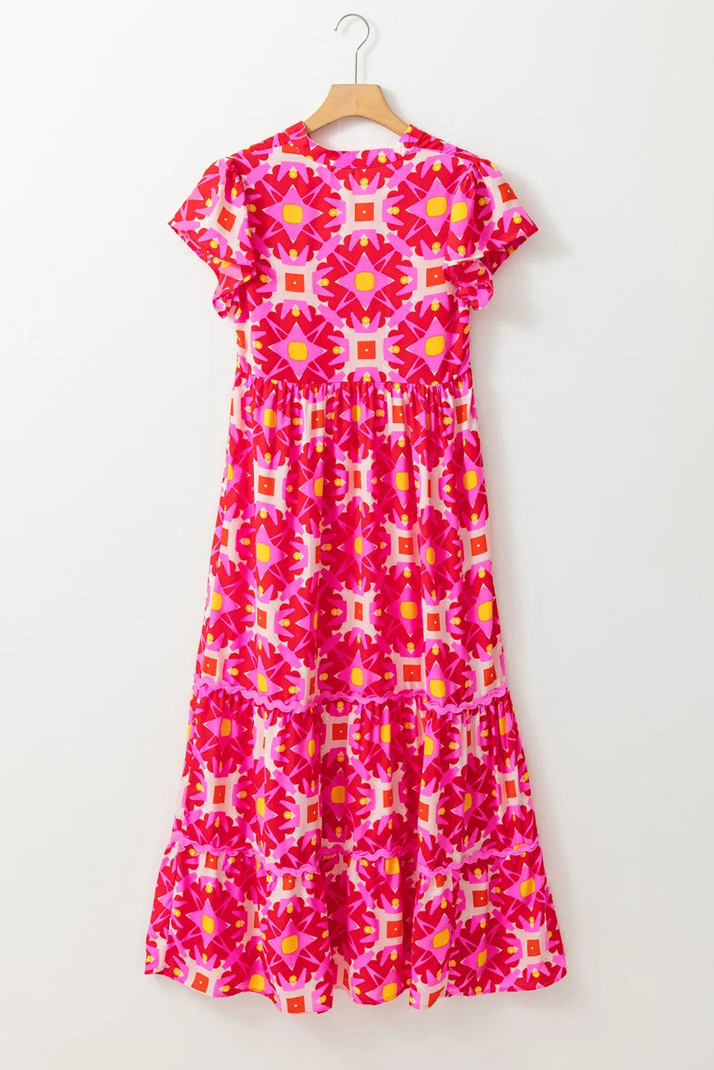 Strawberry Pink Geo Print V-neck Maxi Dress - Chic Meadow Boutique 