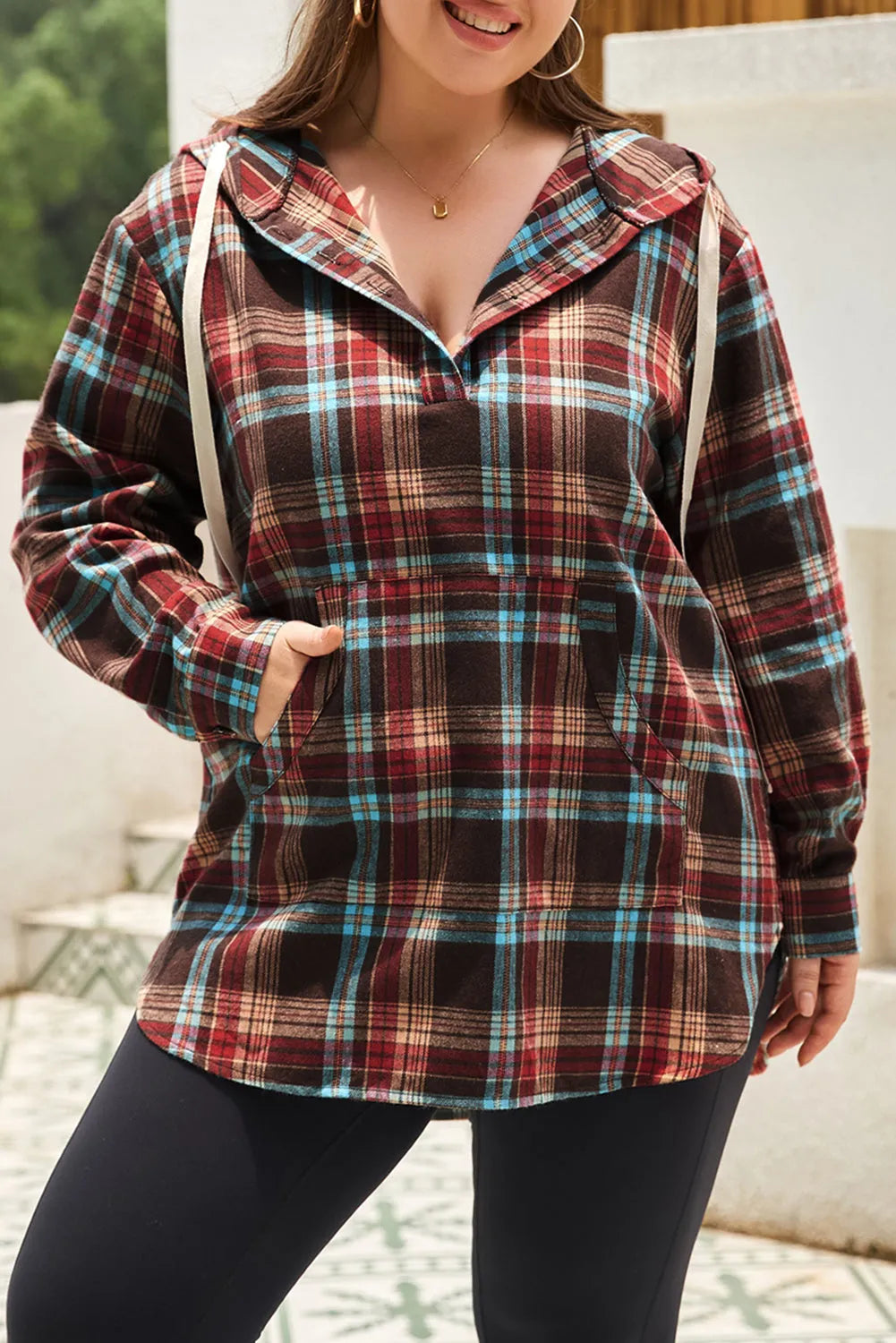 Fiery Red Plus Size Plaid Kangaroo Pocket Drawstring Hoodie - Chic Meadow Boutique 