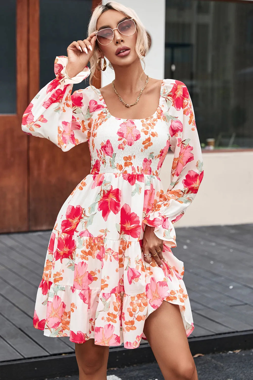 Fiery Red Smocked Tiered Floral Dress - Chic Meadow Boutique 