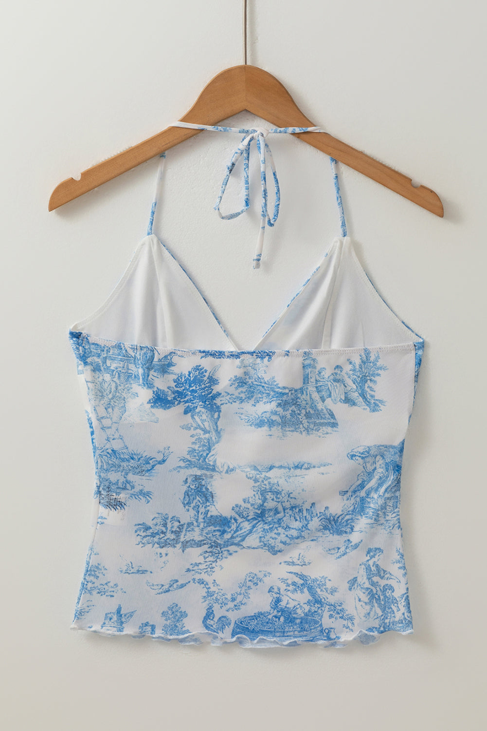 Sky Blue Random Printed Mesh Bow Detail Halterneck Tank Top