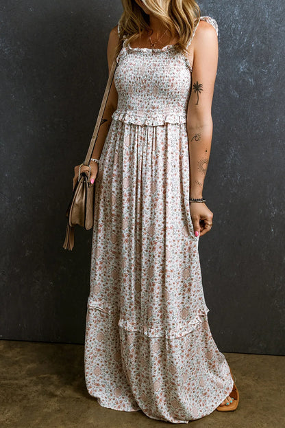 White Lace Frilly Straps Shirred Floral Maxi Dress - Chic Meadow Boutique 