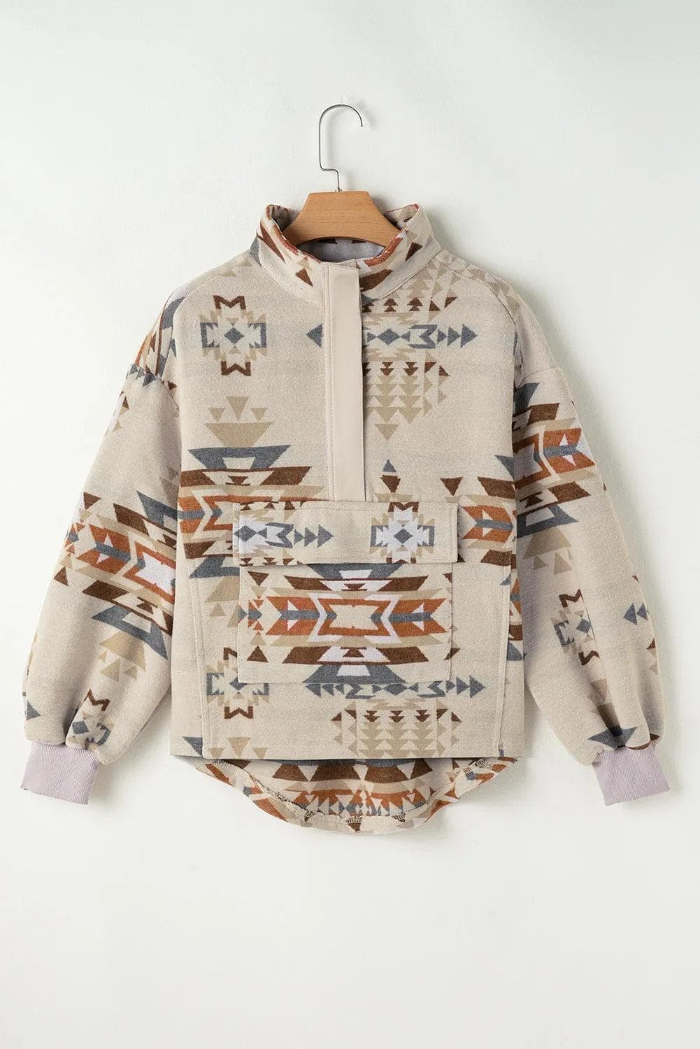 Tops/Sweatshirts & Hoodies Apricot Aztec Print Collared Flap Pocket Sweatshirt