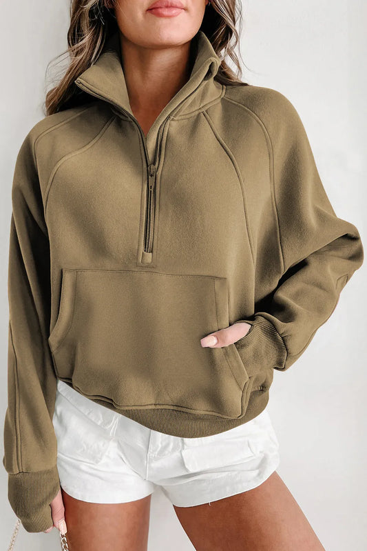 Elmwood Fleece Lined Zip Up Stand Collar Thumbhole Sleeve Sweatshirt - Chic Meadow Boutique 