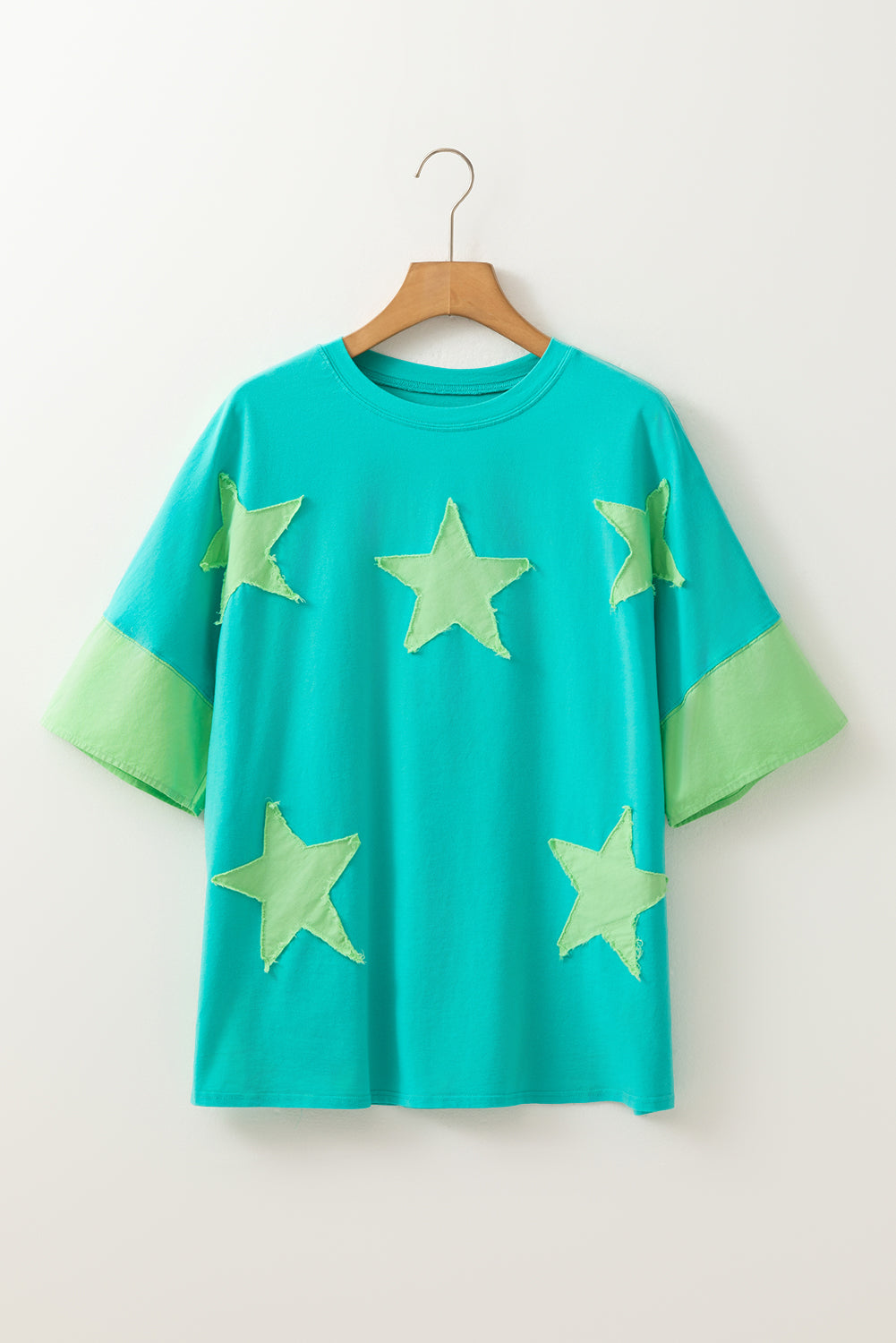 Aruba Blue Frayed Denim Star Patched Oversize T Shirt
