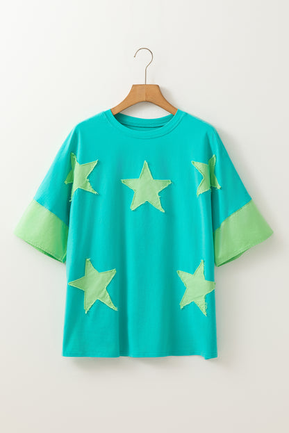Aruba Blue Frayed Denim Star Patched Oversize T Shirt