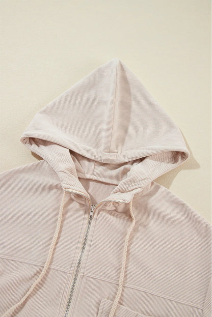 White Corduroy Drawstring Hooded Pocket Zip Up Jacket - Chic Meadow Boutique 