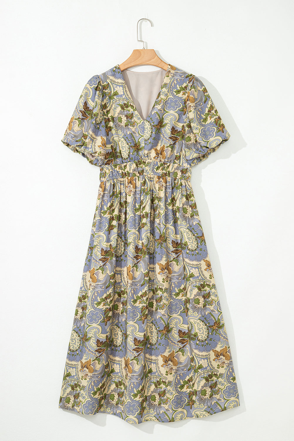 Multicolour Vintage Floral V Neck Short Puff Sleeve Long Dress