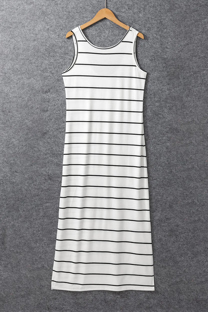 White Stripe Print Open Back Sleeveless Maxi Dress with Slits - Chic Meadow Boutique 