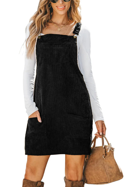 Black Solid Front Pockets Sleeveless Corduroy Overall Dress - Chic Meadow Boutique 