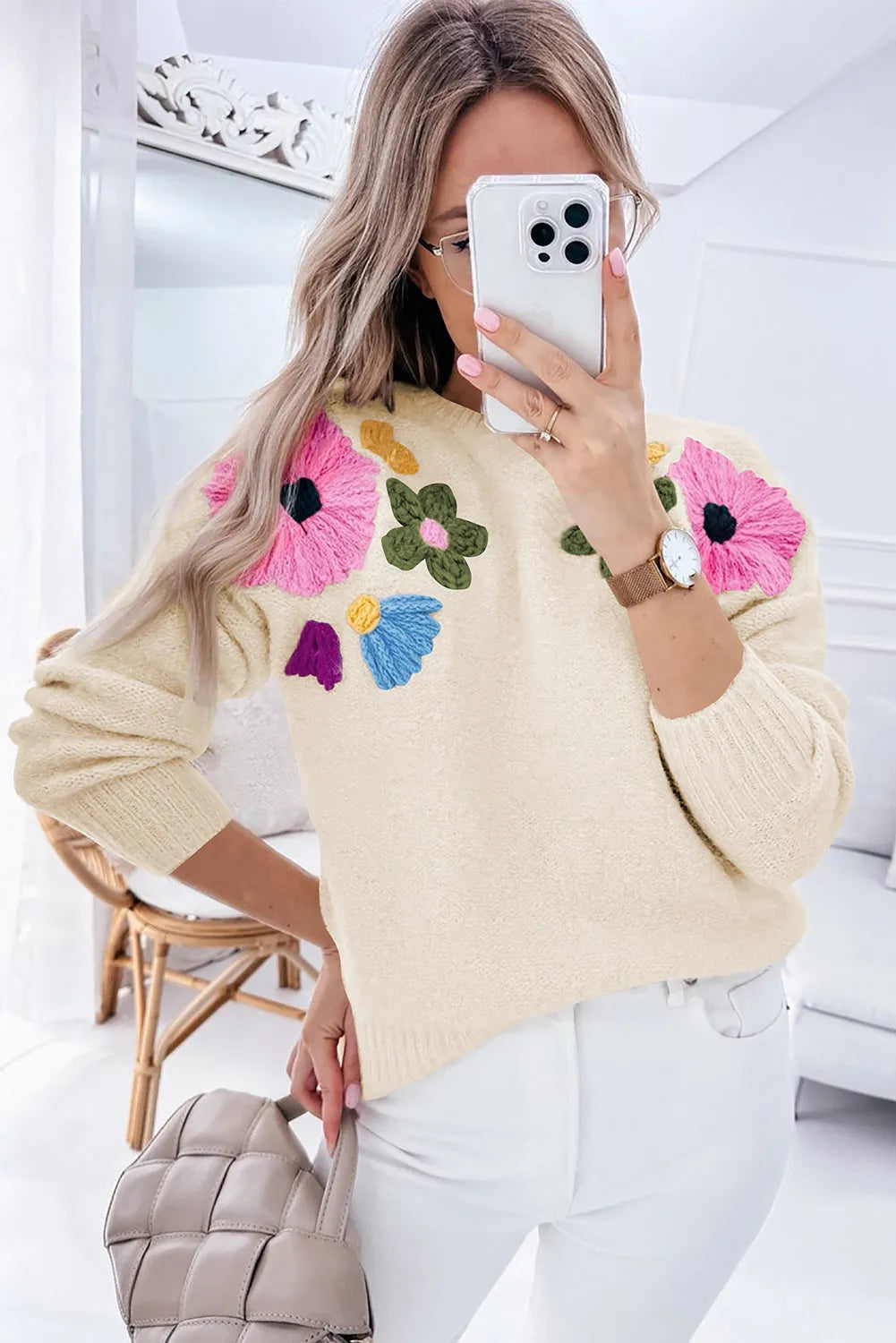 Beige Knitted Flower Pattern Ribbed Edge Sweater - Chic Meadow Boutique 