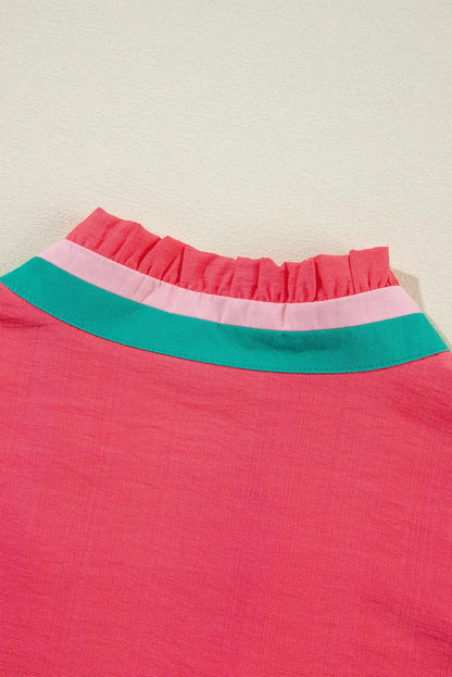 Carrot Colorful Trim V Neck Short Sleeve Blouse - Chic Meadow Boutique 