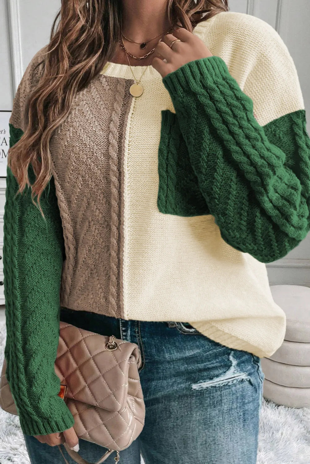 Mist Green Plus Size Cable Knit Color Block Drop Shoulder Sweater - Chic Meadow Boutique 