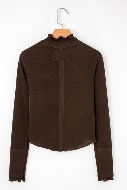 Cinnamon Lettuce Trim Raw Seam Patchwork Jacquard Long Sleeve Top