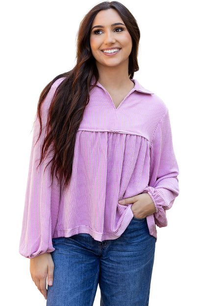 Phalaenopsis Corded Turn-down V Neck Bubble Sleeve Babydoll Blouse