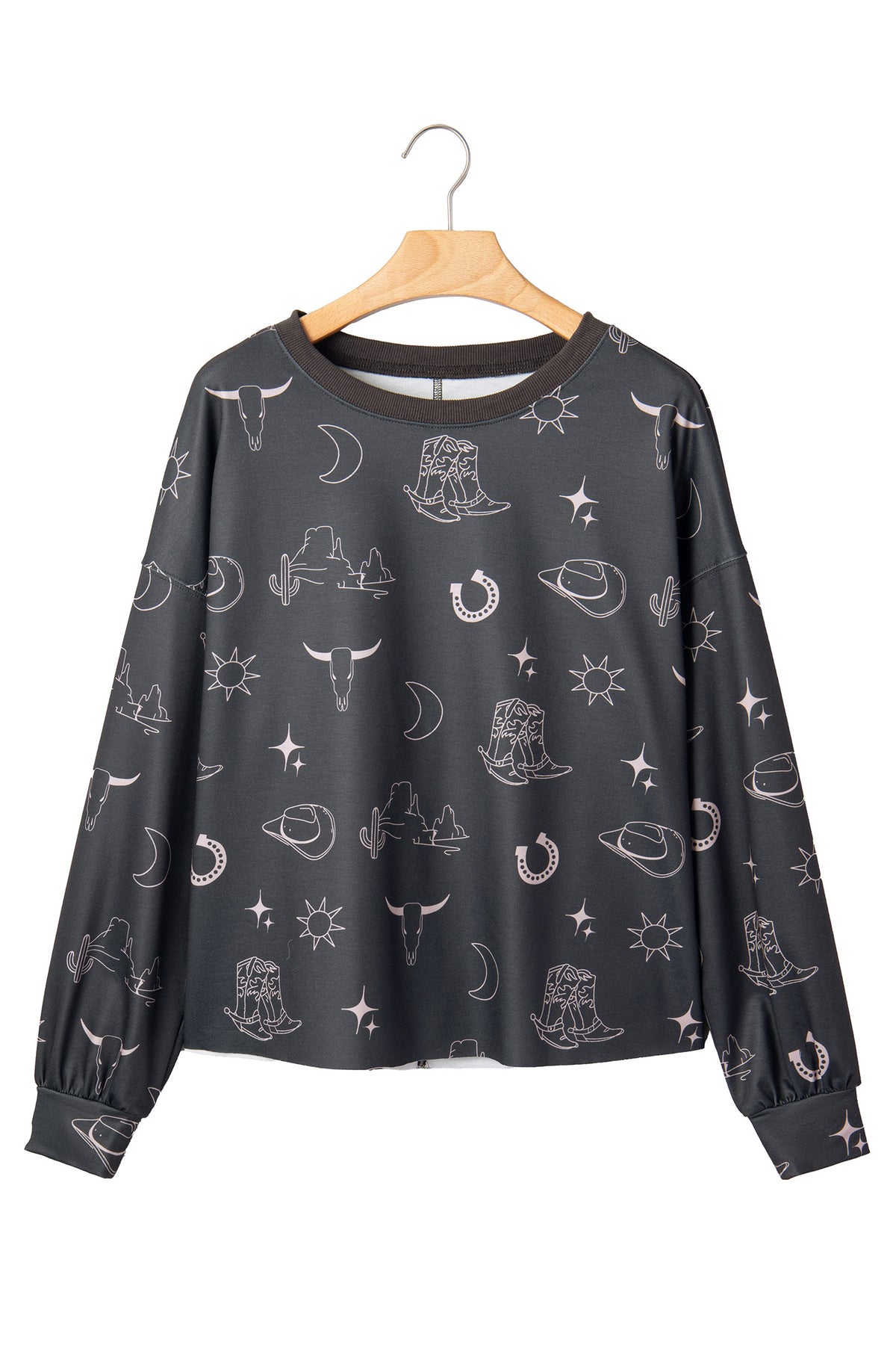 Gray Western Print Crew Neck Sweatshirt