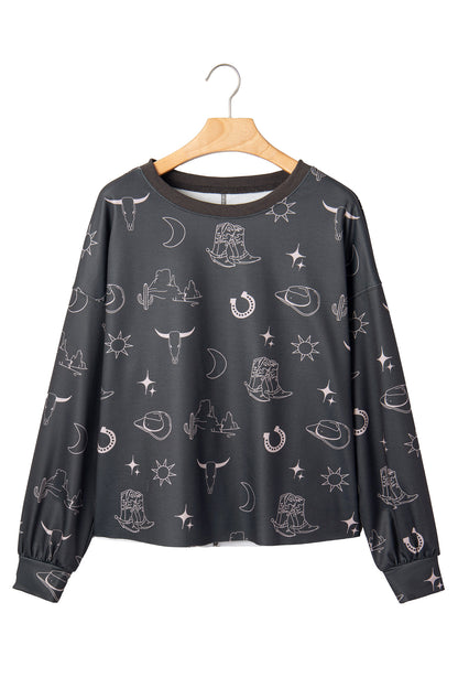 Gray Western Print Crew Neck Sweatshirt