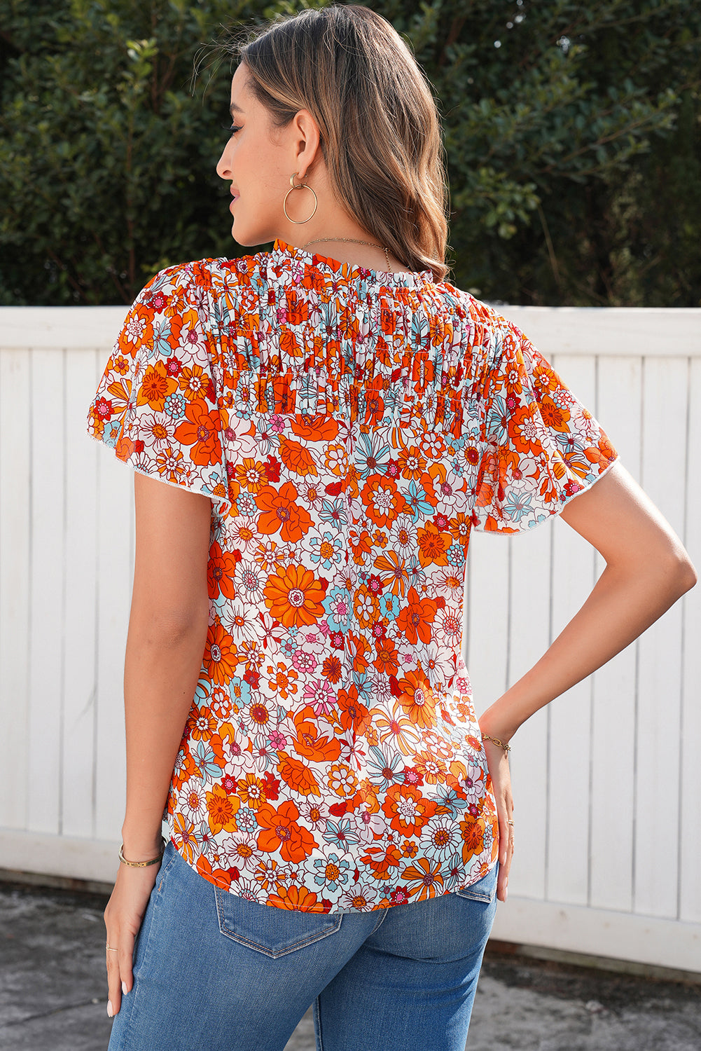 Orange Floral Print V Neck Pleated Ruffle Short Sleeve Blouse