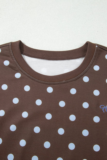 Brown Polka Dot Long Sleeve Pullover Embroidered Bow Detail 2pcs Skort Set