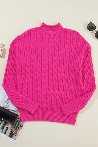 Rose Red Solid Cable Knit High Neck Drop Shoulder Sweater - Chic Meadow Boutique 