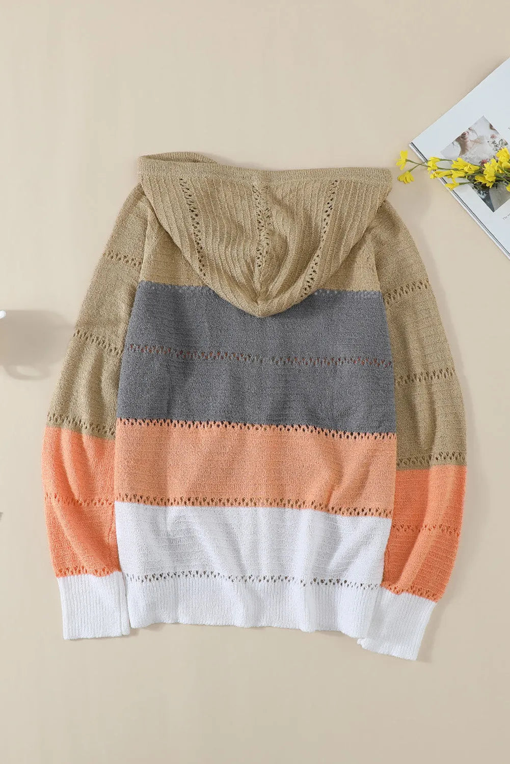 Multicolor Zipped Front Colorblock Hollow-out Knit Hoodie - Chic Meadow Boutique 