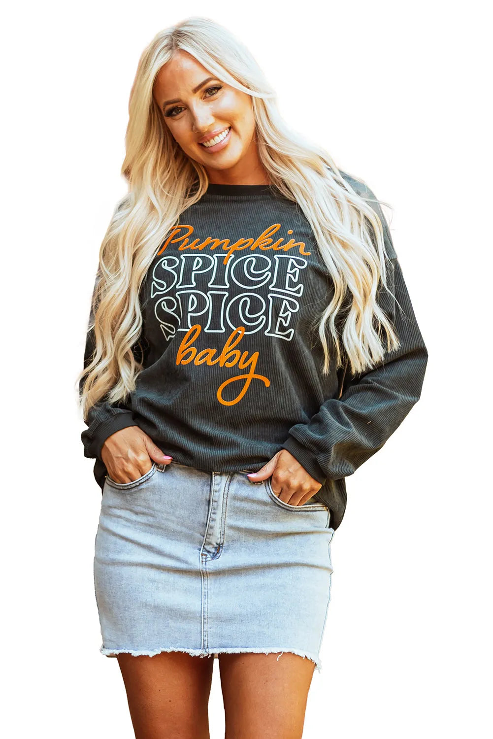 Dark Grey Halloween Pumpkin Spice Baby Graphic Textured Sweatshirt - Chic Meadow Boutique 