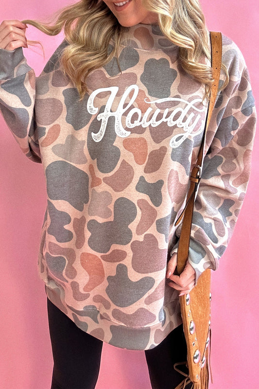 Multicolour Camo Print Howdy Western Style Baggy Pullover Sweatshirt