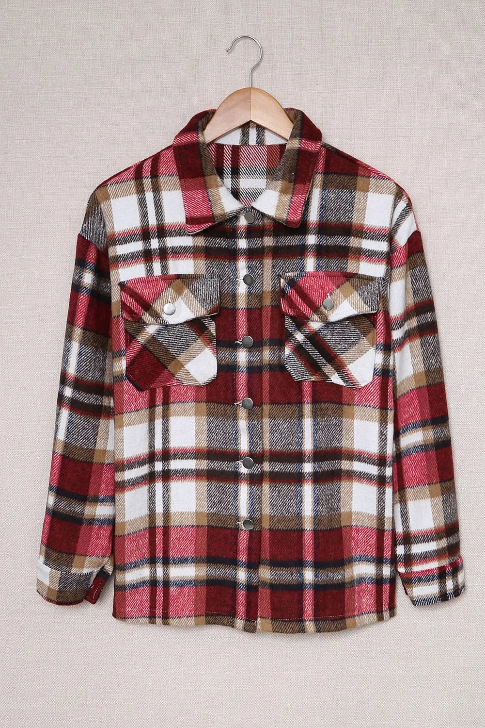 Fiery Red Geometric Plaid Print Pocketed Shacket - Chic Meadow Boutique 