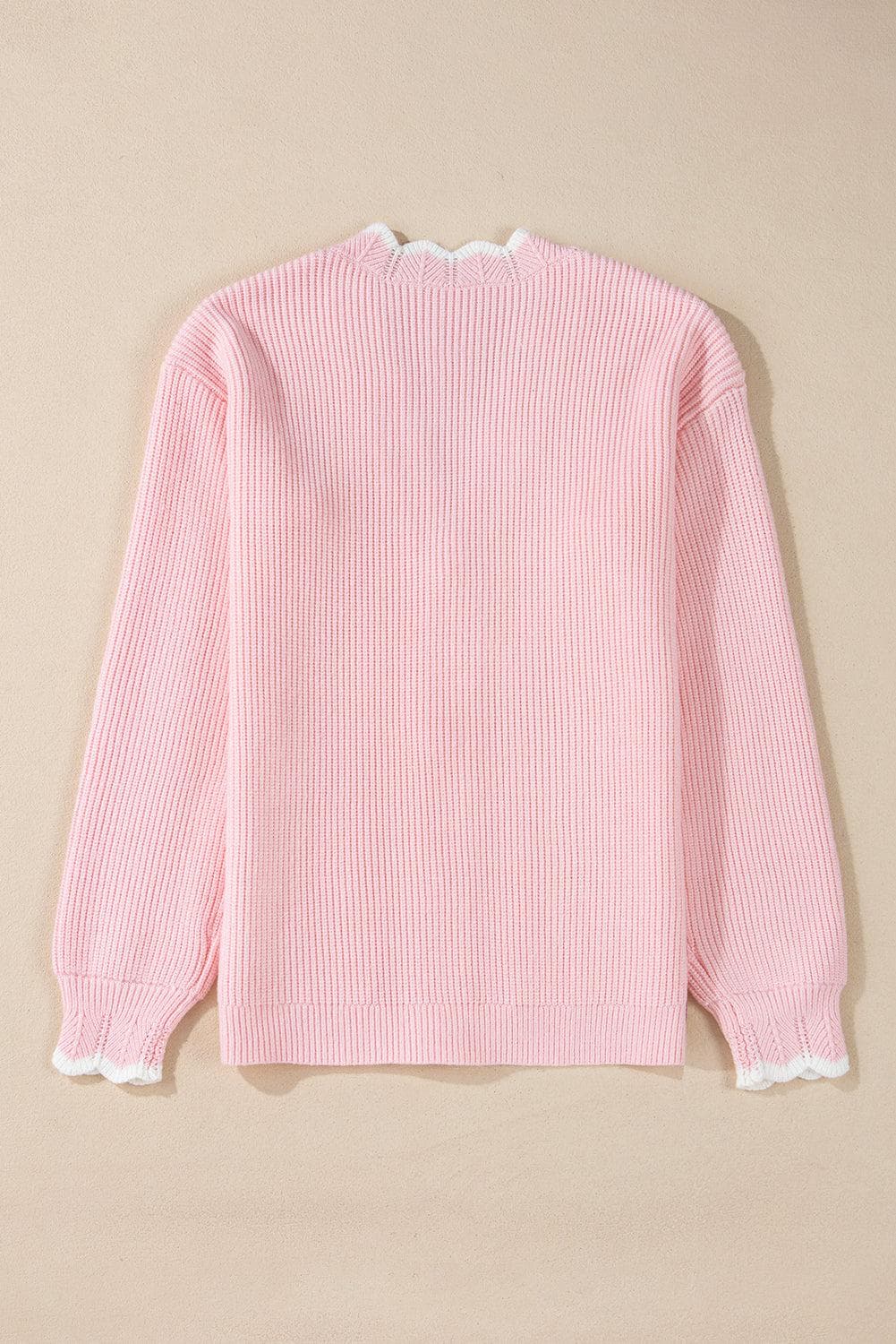 Sweaters & Cardigans/Cardigans Pink Ribbed Knit Scalloped Edge Side Pockets Buttoned Cardigan