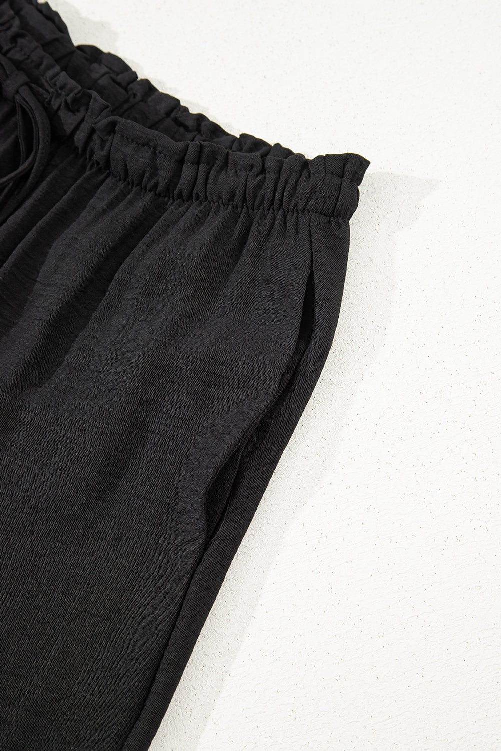 Black Drawstring Frilled Waist Wide Leg Utility Trousers