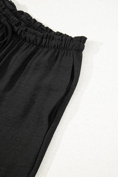 Black Drawstring Frilled Waist Wide Leg Utility Trousers