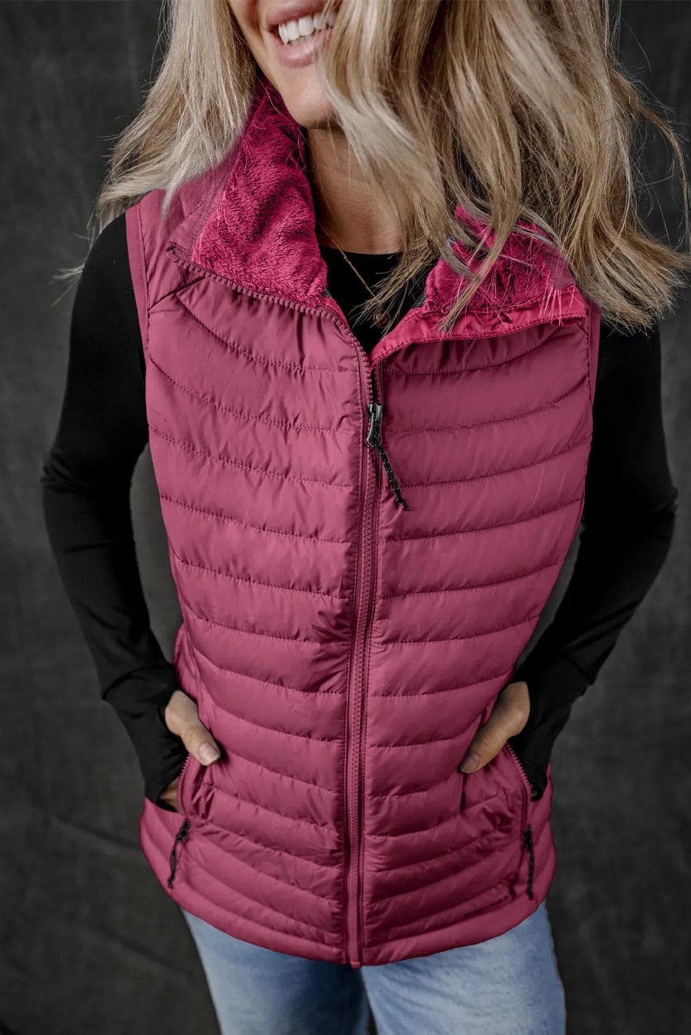 Outerwear/Vests Burgundy Plush Collared Quilted Zipped Puffer Vest