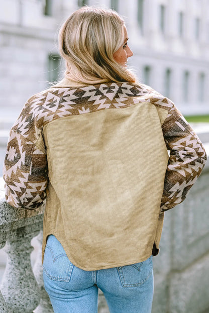 Khaki Aztec Print Patchwork Frayed Edge Corduroy Jacket - Chic Meadow Boutique 