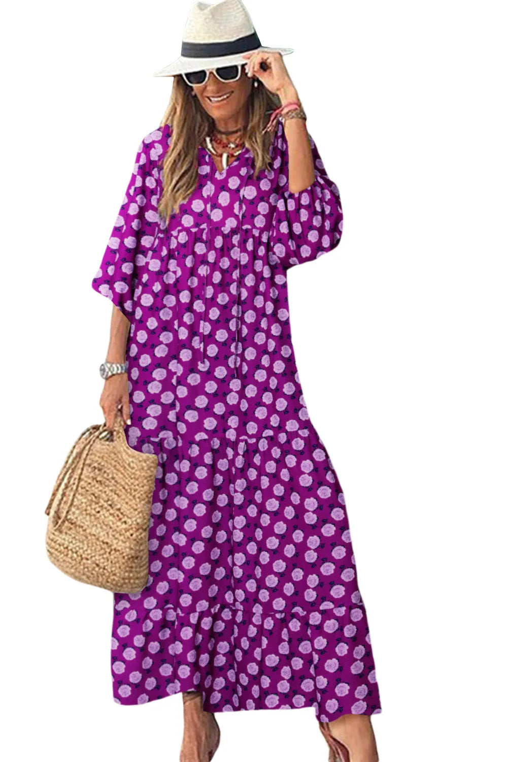 Purple Boho Printed Puff Sleeve Maxi Dress - Chic Meadow Boutique 