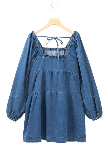 Dresses/Mini Dresses Dusk Blue Square Neck Side Pockets Loose Fit Denim Mini Dress