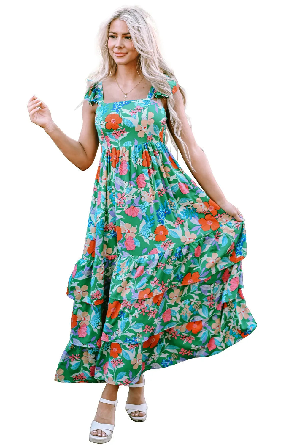 Green Floral Print Sleeveless Ruffle Tiered Maxi Dress - Chic Meadow Boutique 