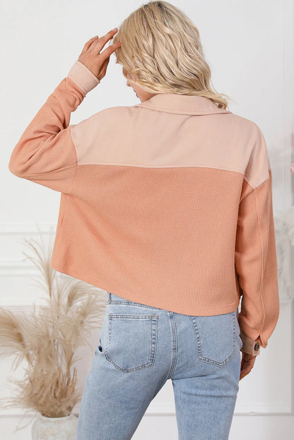 Orange Textured Waffle Knit Chest Pockets Cropped Shacket - Chic Meadow Boutique 