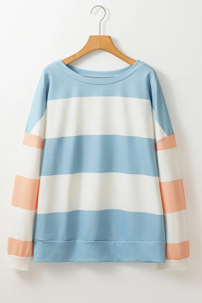 Light Blue Colorblock Striped Drop Shoulder Long Sleeve Top - Chic Meadow Boutique 