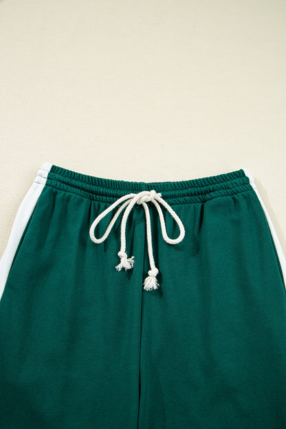 Sea Green Solid Color Pullover Top Varsity Stripe Detail Loose Drawstring Pants Set