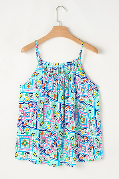 White Rhinestone Boho Floral Printed Spaghetti Strap Tank Top