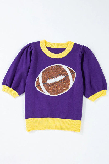 Purple Sequin Rugby Color Block Puff Short Sleeve Sweater - Chic Meadow Boutique 