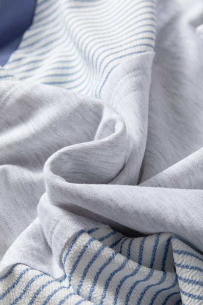 Light Grey Oversized Striped Colorblock Dolman Sleeve Collared Casual Top