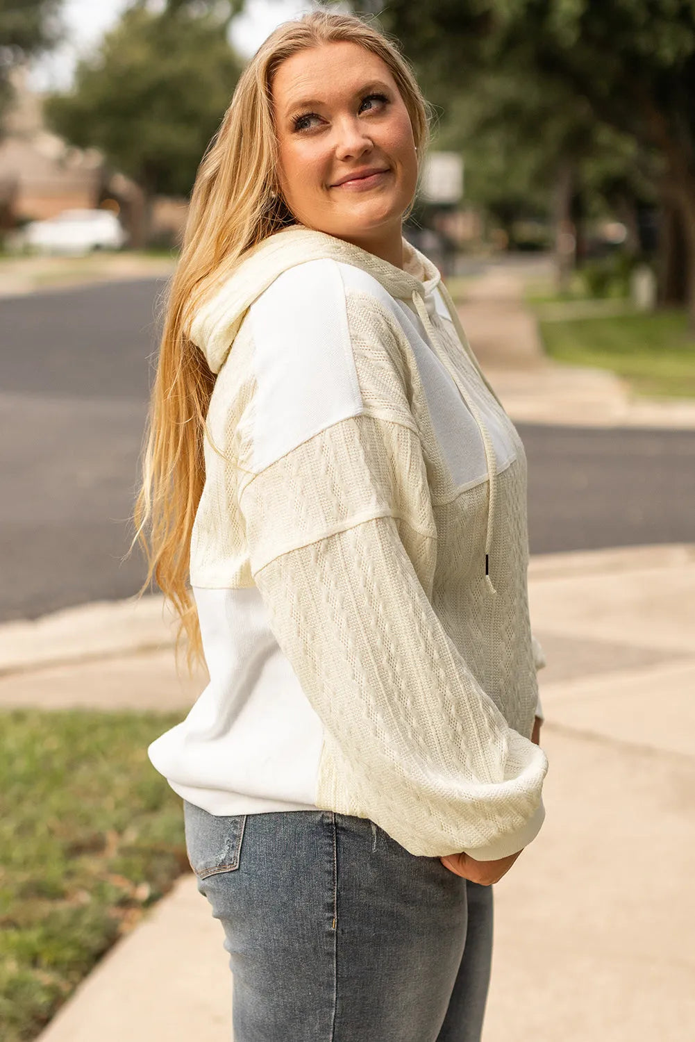 Beige Textured Patchwork Exposed Seam Plus Size Hoodie - Chic Meadow Boutique 