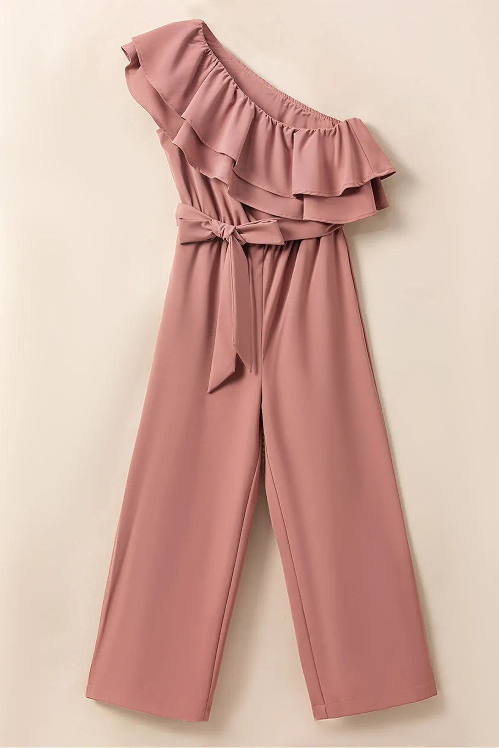 Dusty Pink One Shoulder Ruffle Trim Belted Jumpsuit - Chic Meadow Boutique 