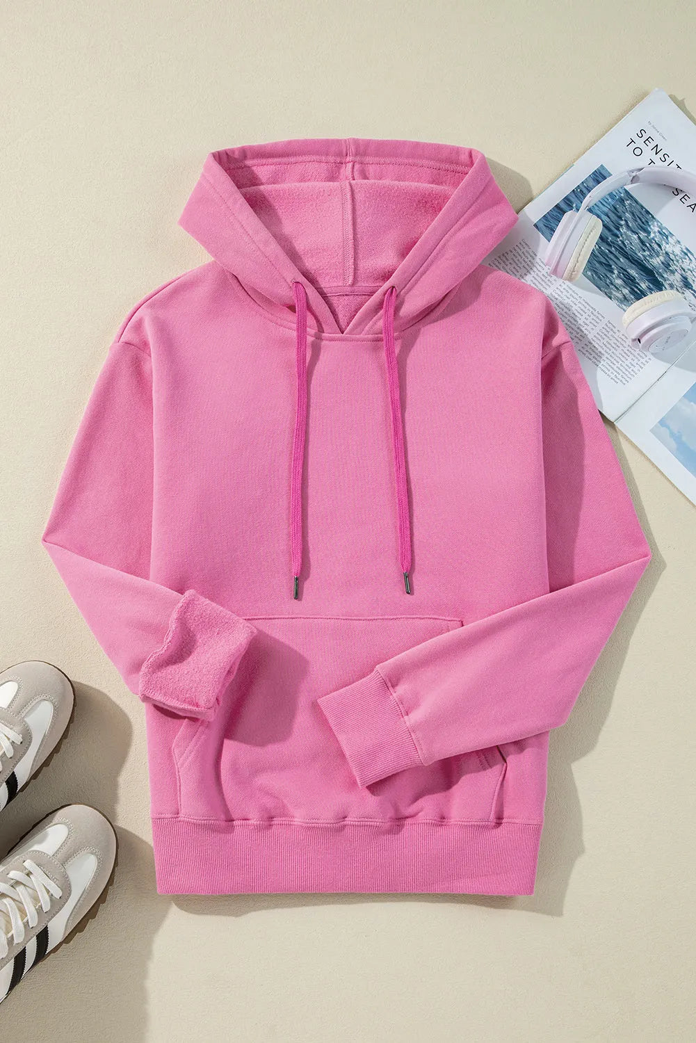 Bonbon Solid Color Fleece Lined Drawstring Hoodie with Pocket - Chic Meadow Boutique 