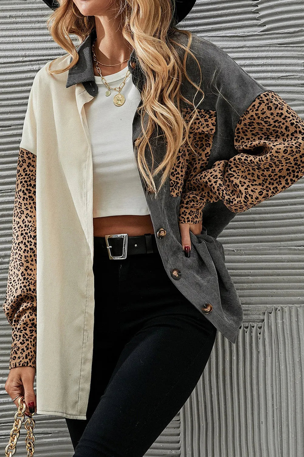 Gray Color Block Leopard Patched Corduroy Shacket - Chic Meadow Boutique 